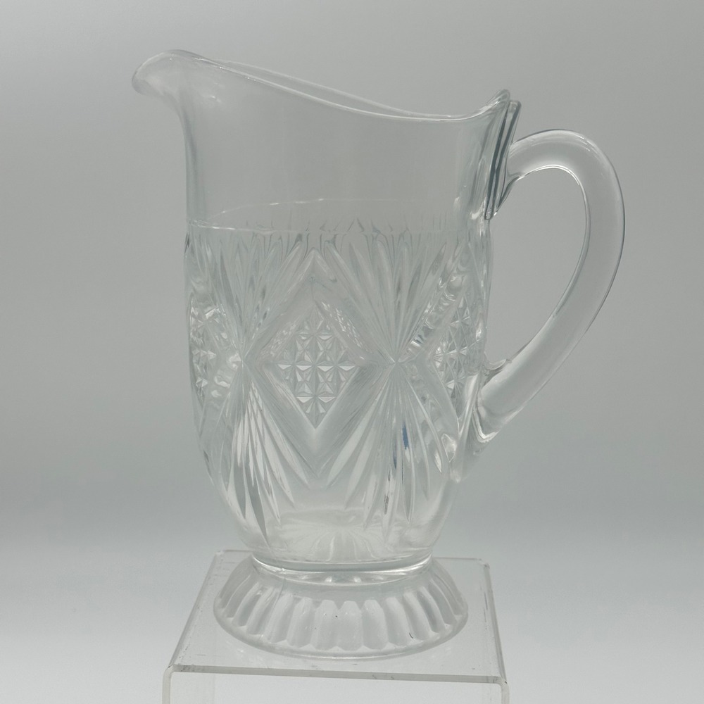 Vintage Unbranded Clear Pressed Glass Sunburst Diamond Pattern Pitcher 8.5‎ Inch